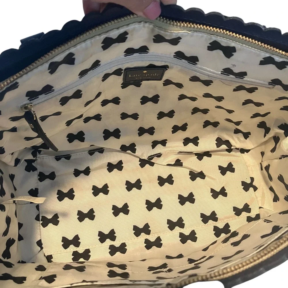 Kate Spade New York Scalloped Tote Bag Black Leather Natural Canvas Top Zip‎ - Picture 5 of 5